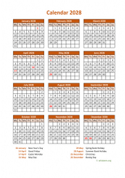 Calendar 2028 for UK 07