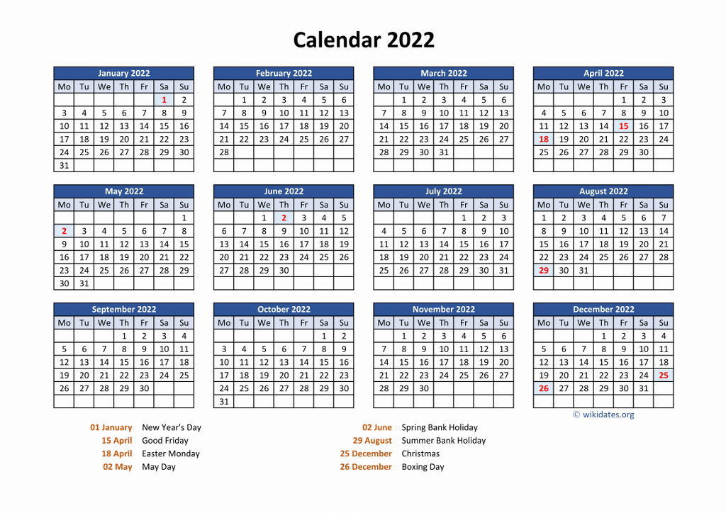 Calendar 2022 United Kingdom